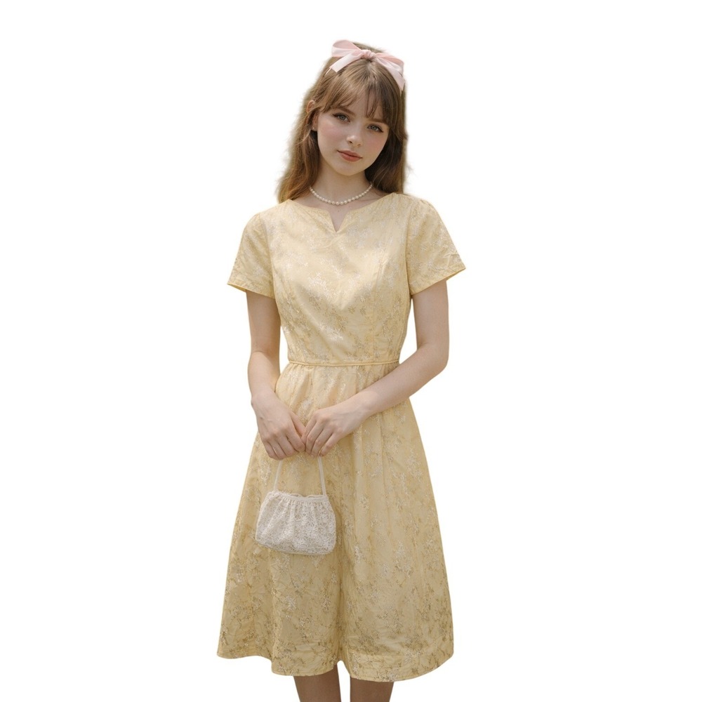 VINTAGE 50s Yellow‎ Brocade Floral Dress Garden Party Dress Midi